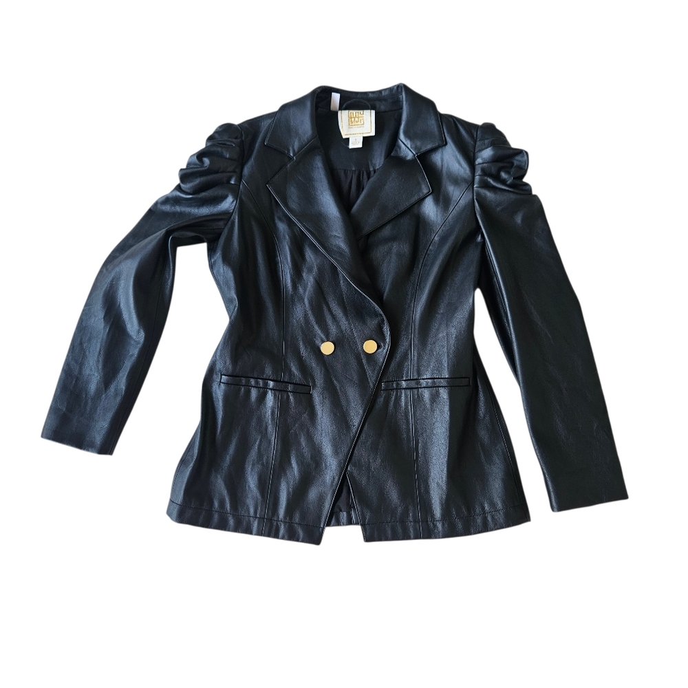 Emily McCarthy Ruched Shoulder Faux Leather Bradshaw Blazer Jacket Size Small